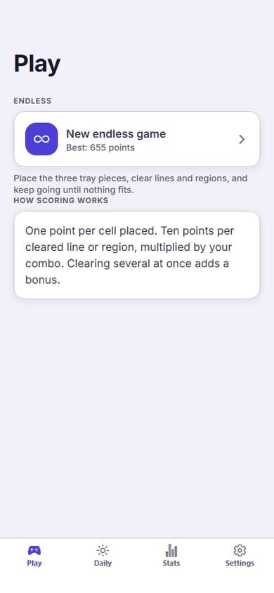 Tessera Play screen with the endless game card and how scoring works