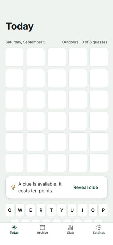 Morrow Today screen with the guess grid, clue card and keyboard