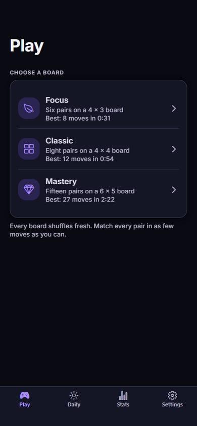 Nocturne Play screen listing the Focus, Classic and Mastery boards with bests