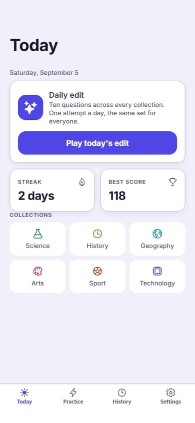Curio Today screen with the daily edit card, streak and best score tiles and the six collections