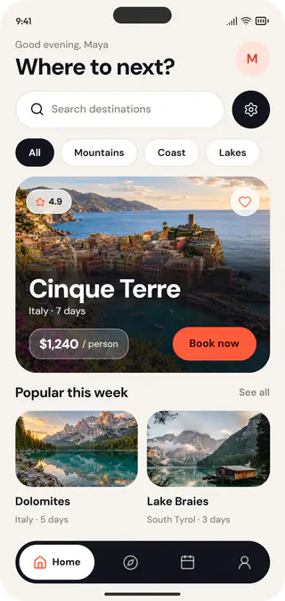 Roam, a travel app built with Sanic AI: its Home screen with a featured Cinque Terre trip, a glass price tag and Book now, popular trips and a floating tab bar.