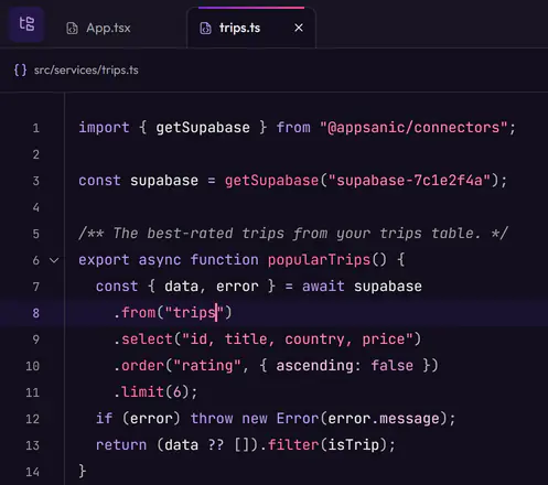 Code Sanic AI wrote for Roam in Appsanic's code editor: a trips service that uses the Supabase connection to read the six best-rated trips from the trips table.