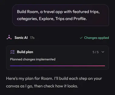 Sanic AI's reply to Build Roam, a travel app with featured trips, categories, Explore, Trips and Profile: its build plan with all five steps done.