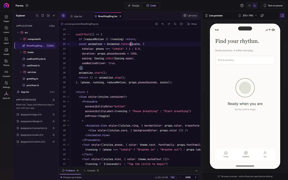 BreathingRing.tsx, a React Native component, open in the Appsanic code editor in dark mode.