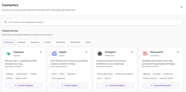 The Appsanic connections catalog with the services you can connect.