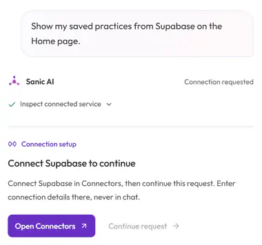 Sanic AI asking you to connect Supabase before it shows saved practices on the Home page.