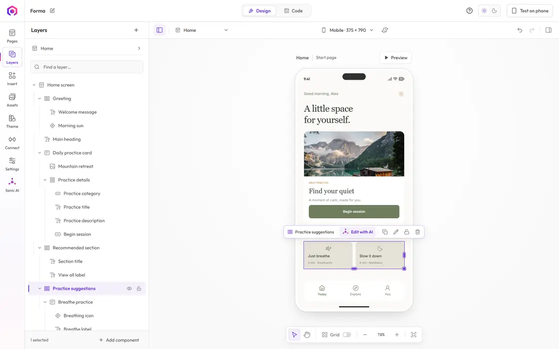 The Forma Home screen in a phone frame on the Appsanic canvas, with the Practice suggestions row selected and Edit with AI in its toolbar.