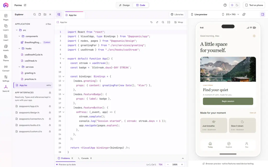 The Appsanic code workspace with App.tsx open, no problems reported and the app preview beside it.