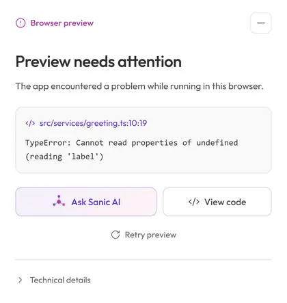A preview error card pointing to src/services/greeting.ts line 10, with Ask Sanic AI, View code and Retry preview.
