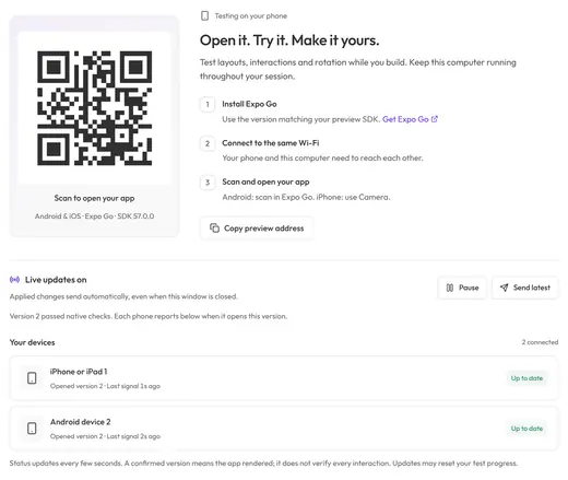 The phone testing panel, Open it. Try it. Make it yours., with a QR code and the steps to open your app in Expo Go.