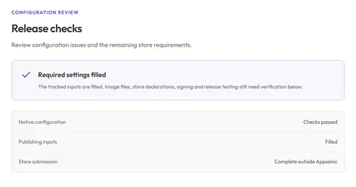 Release checks with every required setting filled in; store submission is completed outside Appsanic.