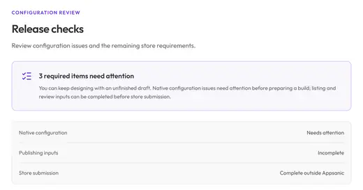 Release checks for the App Store and Google Play with three required items that need attention.