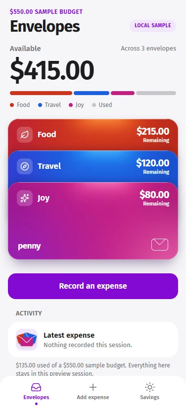 Penny's Envelopes screen.